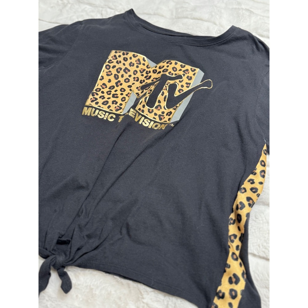 MTV Leopard Logo Tie Front Graphic Tee Black Side Panel Top 2XL Y2K Style - Picture 6 of 7